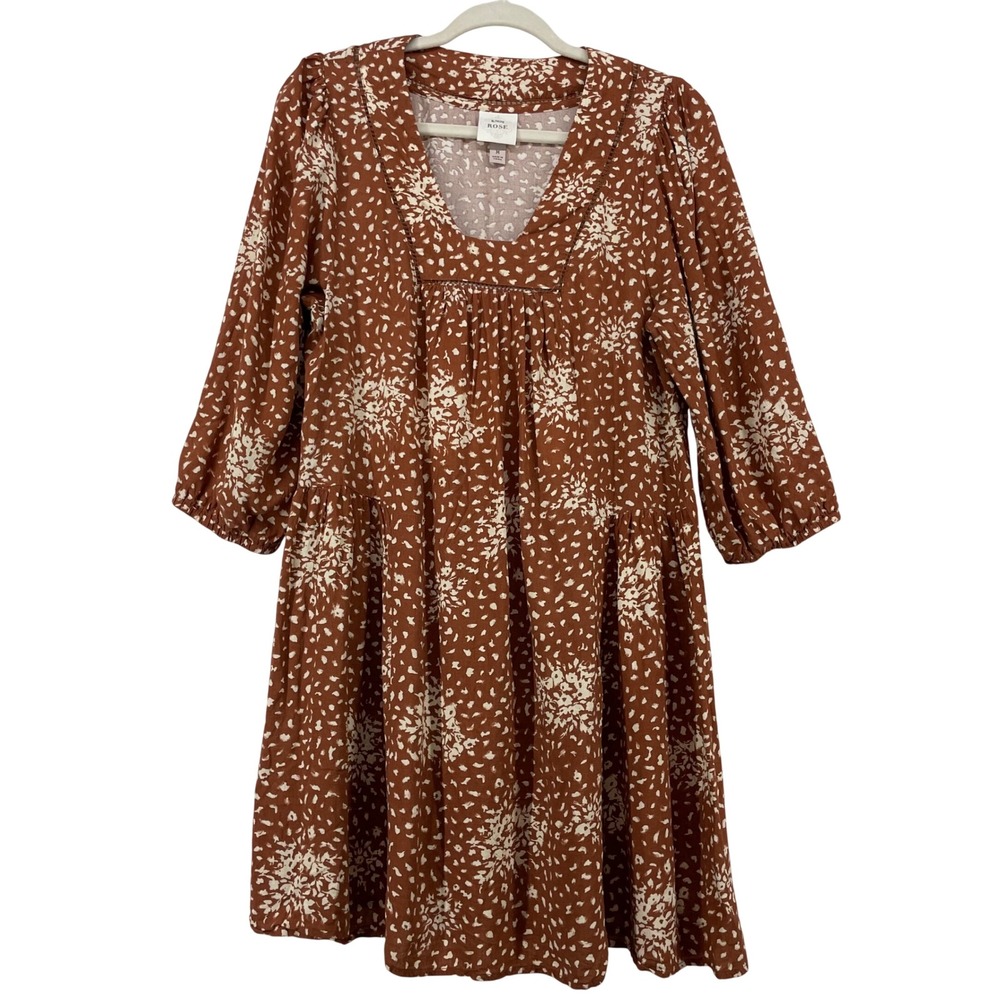 Knox Rose Size M Babydoll Dress Rust Brown Abstract Floral Lace Trim - Picture 1 of 7